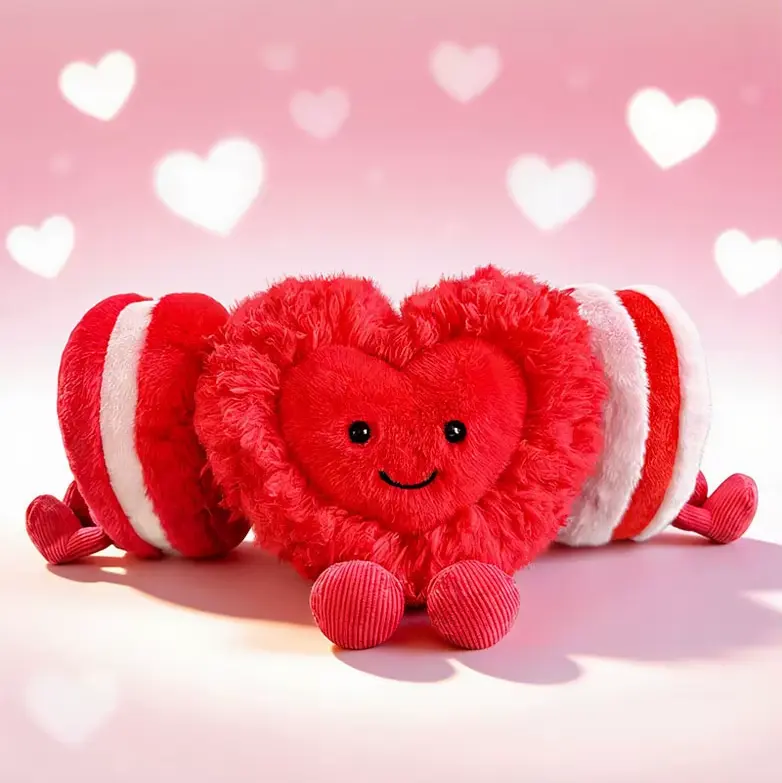 Peluche cœur rouge Amour Câlin style Jellycat, douce, assise, yeux brillants.