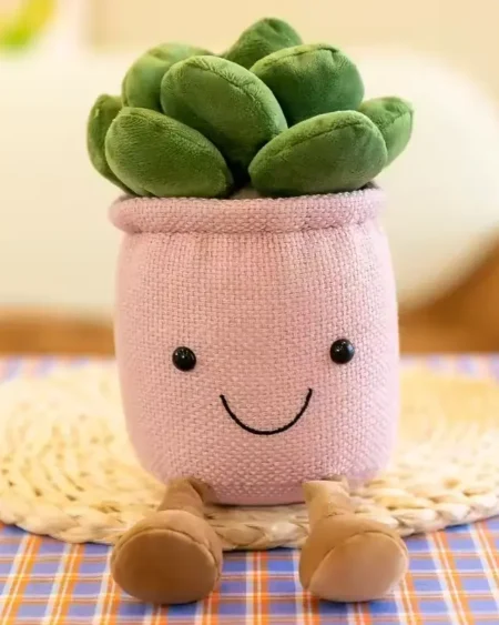 Peluche cactus anthropomorphique vert forêt avec pot rose chiné, style Jellycat.