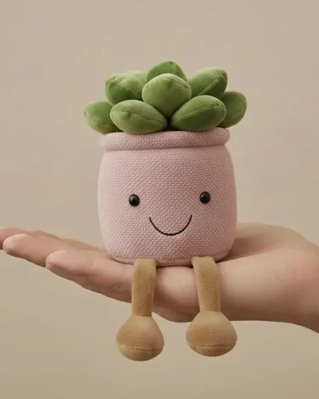 Peluche cactus anthropomorphique vert forêt avec pot rose chiné, style Jellycat.