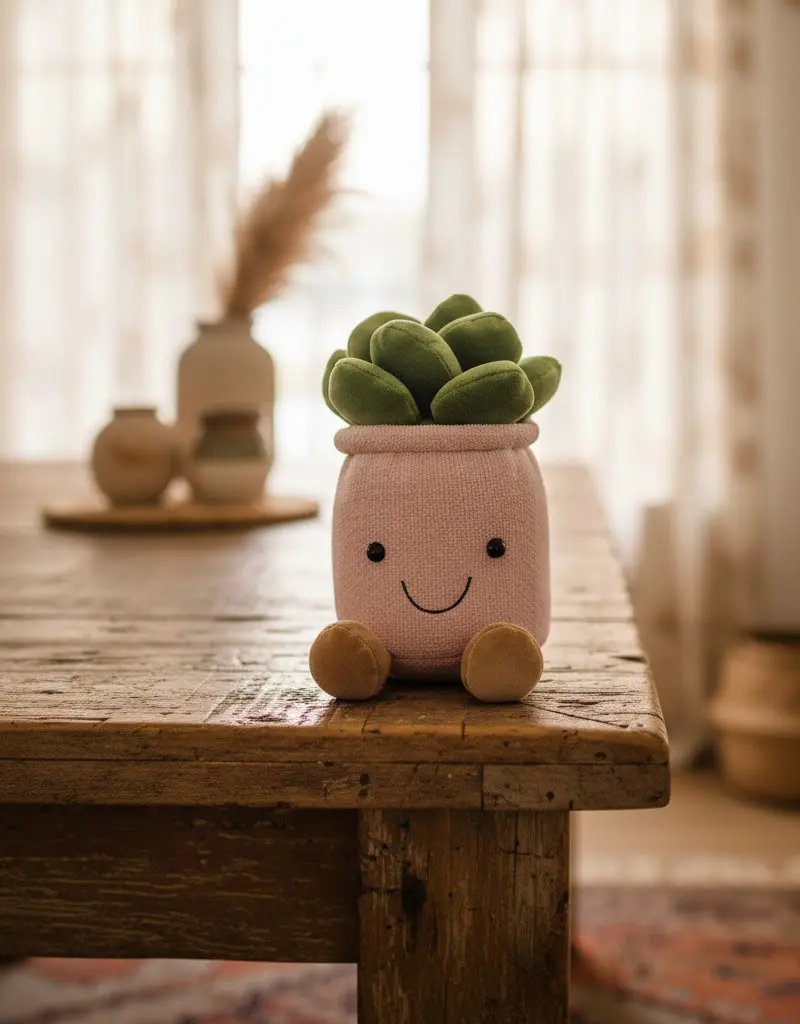 Peluche cactus anthropomorphique vert forêt avec pot rose chiné, style Jellycat.
