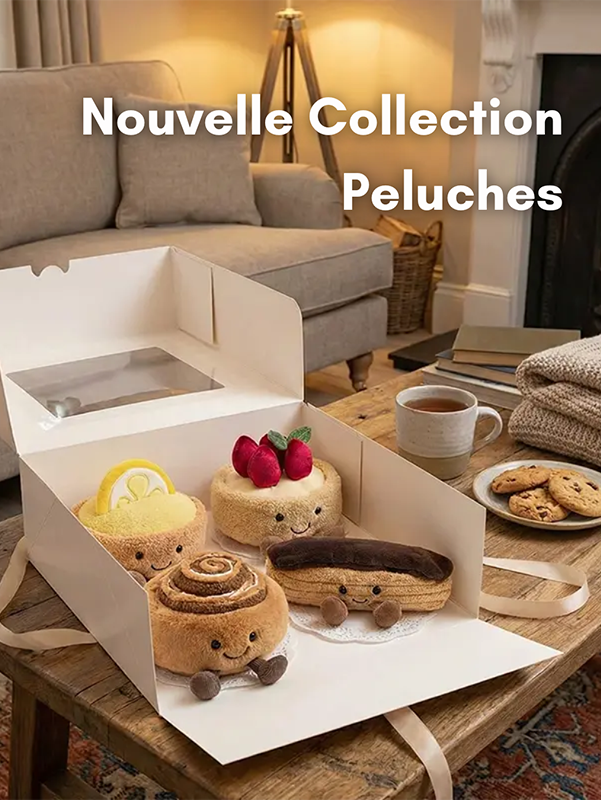peluches gourmandes pâtisseries, tartelette fraises, tartelette citron, éclair chocolat, cinnamoron