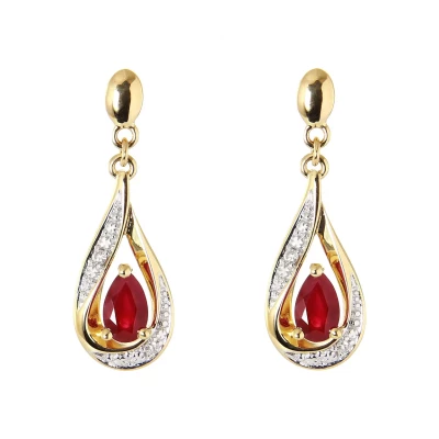 Boucles d'oreilles Pendantes Or Jaune 750 Rubis poire de 5x3mm et Diamants - vuillermoz