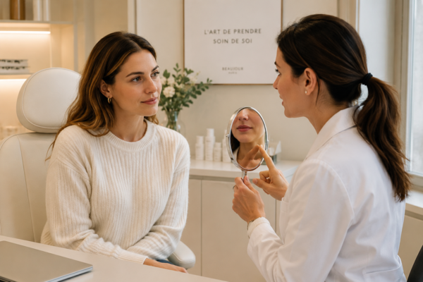 Consultation en médecine esthétique entre une patiente et une médecin