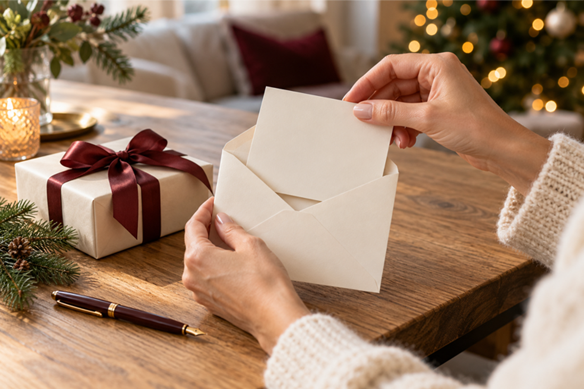Mains glissant une carte dans une enveloppe, près d’un cadeau de Noël au ruban bordeaux.