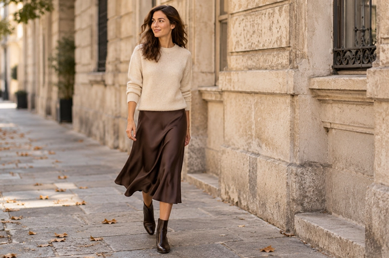 Femme portant un pull écru en maille sur une robe satinée chocolat, créant un effet jupe midi, avec des bottines marron.