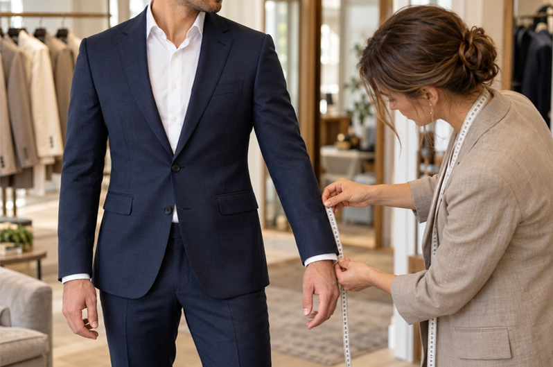 Couturière vérifiant la longueur d’une manche lors de l’essayage d’un costume bleu marine.