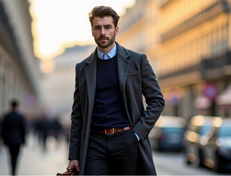 un homme portant un manteau long de la marque celio