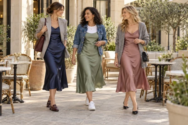 Trois femmes portent des robes satinées bleu marine, vert sauge et rose, associées à un blazer, une veste en jean et un cardigan.
